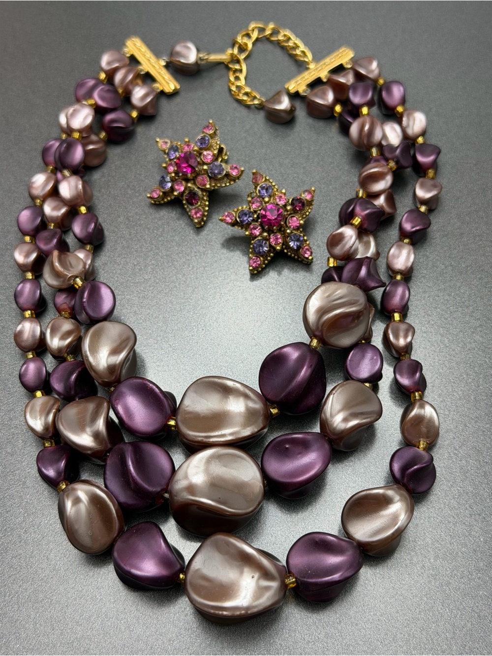 Vintage Florenza Earrings and Aubergine Beads Strand Necklace